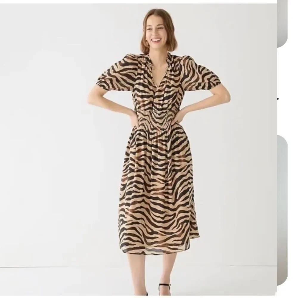 J. Crew Midi Dress Women's Zebra Print Smocked Waist Short Sleeve Sz Small NWT